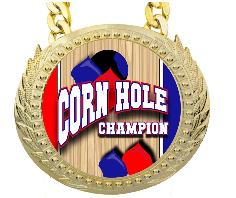 Express Medals Cornhole Bag Toss Champ Chain Trophy Award with a Center Plaque Plate Measuring 6 by 5.25 Inches and Includes a 34 Inch Chain with Black Velvet Presentation Bag. - Image 2